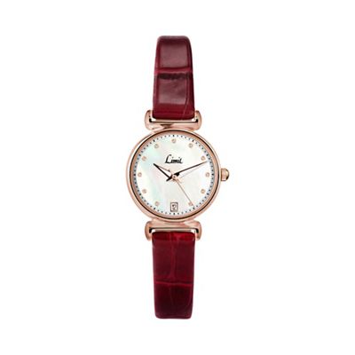 Ladies rose gold plated burgundy strap watch 6949.02